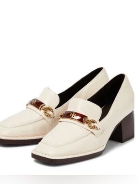 Tory Burch Ivory Leather Block Heel Loafers with Gold & Burgundy Accent